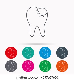 Dental fillings icon. Tooth restoration sign. Linear icons in circles on white background.