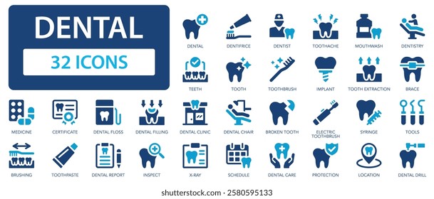 Dental flat icons collection. Tooth, braces, toothbrush, smile, dentistry, dentist, toothpaste, implant sign set.