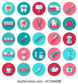 Dental Flat Icons Set in Circles. Vector Illustration for Dentistry and Orthodontics.