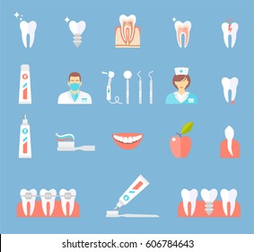 Dental Flat Icons Set. clinic services, stomatology, dentistry, orthodontics, oral health care and hygiene, tooth restoration, instruments and tools. Isolated symbols on a blue background.