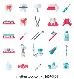 Dental Flat Icons Set. Vector Illustration for Dentistry and Orthodontics. Healthy Tooth, Transparent and Metallic Braces, Retainer, Bad Habits - Smoking, Tea and Coffee, Candy