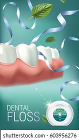 Dental floss ads. Vector 3d Illustration with tooth floss. Vertical banner with product.