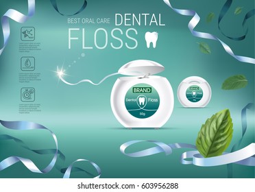 Dental floss ads. Vector 3d Illustration with tooth floss. Poster with product.