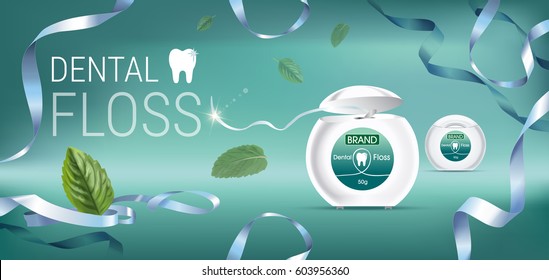 Dental floss ads. Vector 3d Illustration with tooth floss. Horizontal banner with product.