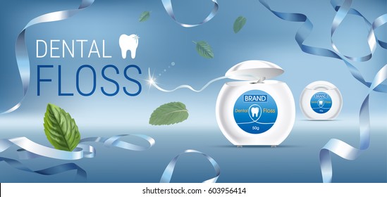 Dental floss ads. Vector 3d Illustration with tooth floss. Horizontal banner with product.