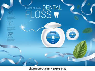 Dental floss ads. Vector 3d Illustration with tooth floss. Poster with product.