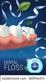 Dental floss ads. Vector 3d Illustration with tooth floss. Vertical banner with product.