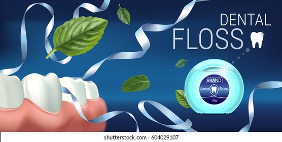 Dental floss ads. Vector 3d Illustration with tooth floss. Horizontal banner with product.