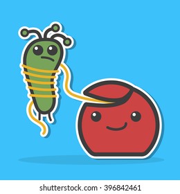 Dental floss caught bacteria. Dental hygiene concept. Funny vector illustration