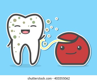 Dental floss cleaning dirty tooth. Flossing process. Vector illustration