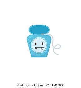 Dental floss for cleaning, dental hygiene. Dental floss for caring for teeth and mouth at home, vector flat illustration on a white background. Cute tube of dental floss in cartoon style
