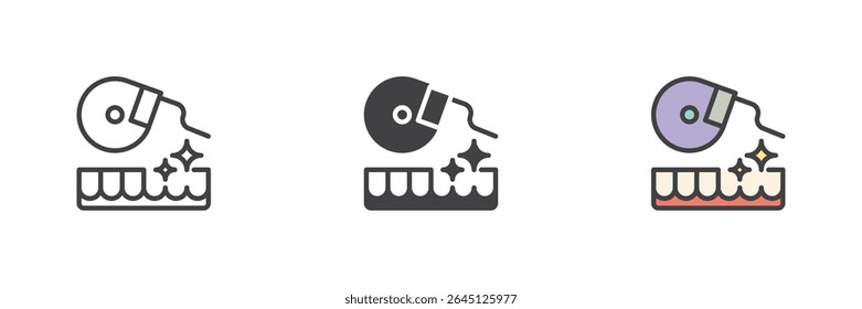 Dental floss container icon shown in line, solid and filled outline styles. Hygiene vector symbol for oral health and teeth cleaning. Colorful dental care icon set.