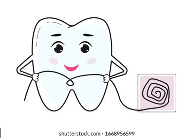 Dental floss. Cute character tooth. The concept of dental hygiene, dentist, dentistry. Vector illustration.