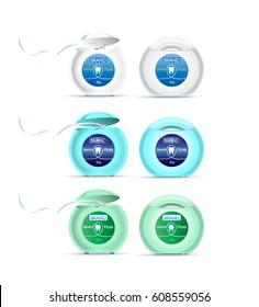 Dental floss in different colors of containers. Vector illustration of realistic packages of tooth floss on white background.