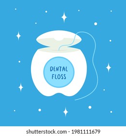 dental floss icon, medical and dentistry healthcare, thread of floss silk to clean between the teeth after eating, vector illustration of cartoon dental floss isolated on blue background