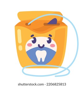 Dental floss icon. Sticker for social media and messengers. Caring for oral and teeth. Hygiene and prevention, cleaning. Routine and bathroom. Equipment, toothbrush. Cartoon flat vector illustration