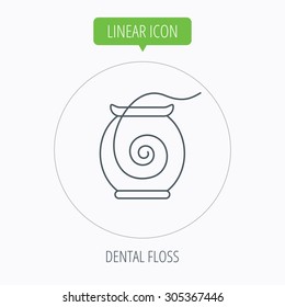 Dental floss icon. Teeth cleaning sign. Oral hygiene symbol. Linear outline circle button. Vector