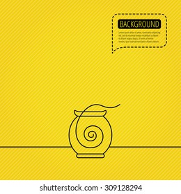 Dental floss icon. Teeth cleaning sign. Oral hygiene symbol. Speech bubble of dotted line. Orange background. Vector