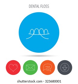 Dental floss icon. Teeth cleaning sign. Oral hygiene symbol. Mail, download and speech bubble buttons. Like symbol. Vector