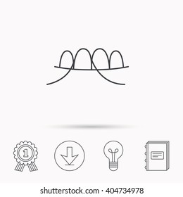 Dental floss icon. Teeth cleaning sign. Oral hygiene symbol. Download arrow, lamp, learn book and award medal icons.