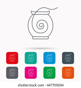 Dental floss icon. Teeth cleaning sign. Oral hygiene symbol. Linear icons in squares on white background. Flat web symbols. Vector