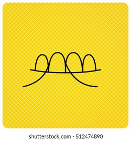 Dental floss icon. Teeth cleaning sign. Oral hygiene symbol. Linear icon on orange background. Vector