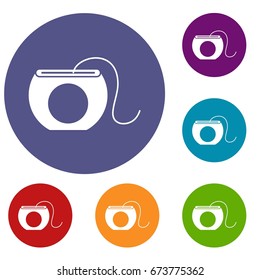 Dental floss icons set in flat circle reb, blue and green color for web