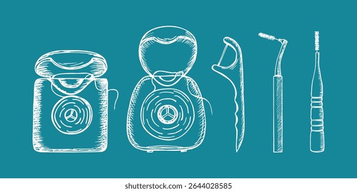 Dental floss, interdental brush - sketch vector line drawing set. Personal oral care, dentistry, and hygiene practices at home. Minimalist doodle outline