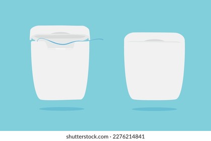 Dental floss. Medical and dentistry healthcare. Closed and open case. Thread of floss to clean between the teeth after eating. Vector