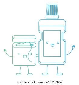 dental floss and mouthwash in cartoon holding hands in degraded green to blue color contour vector illustration