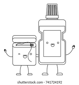 dental floss and mouthwash in cartoon holding hands in monochrome silhouette vector illustration