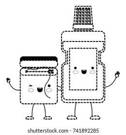 dental floss and mouthwash in cartoon holding hands in black dotted silhouette vector illustration