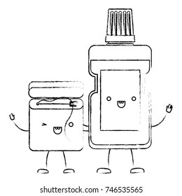 dental floss and mouthwash in cartoon holding hands in monochrome blurred silhouette vector illustration