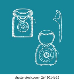 Dental floss for personal oral care - sketch vector line drawing set. Dentistry and hygiene practices at home. Minimalist doodle outline