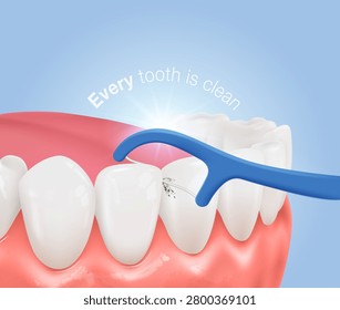 Dental floss pick removing dirt between clean white teeth and pink gums on a blue background. 3D vector illustration.