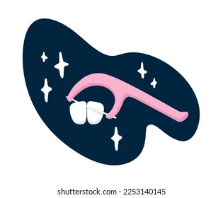 Zahnflossen beseitigen Lebensmittelverschmutzungen zwischen den Zähnen. Tägliche Mundpflege. Mechanische Zahnreinigung. Schein und Reinheit. Gründliche Zähneputzung nach den Mahlzeiten. Cartoon-Flachbild-Illustration.