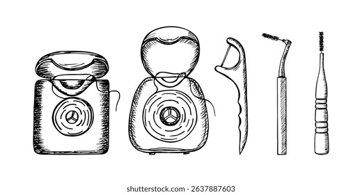 Dental floss - sketch vector line drawing set. Personal oral care, dentistry, and hygiene practices at home. Minimalist doodle outline