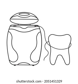 Dental floss and tooth, black outline, isolated illustration on white background, doodle