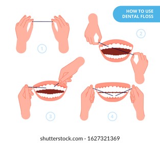 Dental floss. Tooth cleaning, oral hygiene and health. Steps of using flossing teeth. Stomatology guide or instruction vector illustration