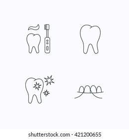 Dental floss, tooth and healthy teeth icons. Brushing teeth linear sign. Flat linear icons on white background. Vector