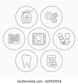 Dental floss, tooth and toothpaste icons. Dental X-ray linear sign. Check file, calendar and cogwheel icons. Vector