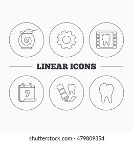 Dental floss, tooth and toothpaste icons. Dental X-ray linear sign. Flat cogwheel and calendar symbols. Linear icons in circle buttons. Vector