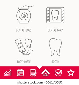 Dental floss, tooth and toothpaste icons. Dental X-ray linear sign. Edit document, Calendar and Graph chart signs. Star, Check and House web icons. Vector