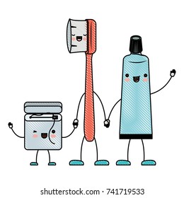 dental floss and toothbrush and toothpaste in cartoon holding hands in colored crayon silhouette vector illustration