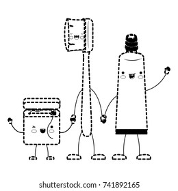 dental floss and toothbrush and toothpaste in cartoon holding hands in black dotted silhouette vector illustration
