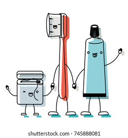 dental floss and toothbrush and toothpaste in cartoon holding hands in watercolor silhouette vector illustration