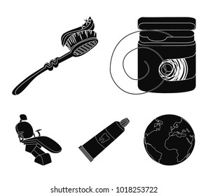 Dental floss, toothbrush, toothpaste, dental chair. Dental care set collection icons in black style vector symbol stock illustration web.