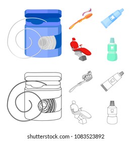 Dental floss, toothbrush, toothpaste, dental chair. Dental care set collection icons in cartoon,outline style vector symbol stock illustration web.
