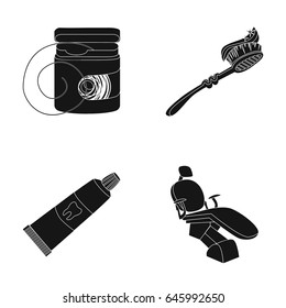 Dental floss, toothbrush, toothpaste, dental chair. Dental care set collection icons in black style vector symbol stock illustration web.