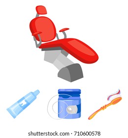 Dental floss, toothbrush, toothpaste, dental chair. Dental care set collection icons in cartoon style vector symbol stock illustration web.